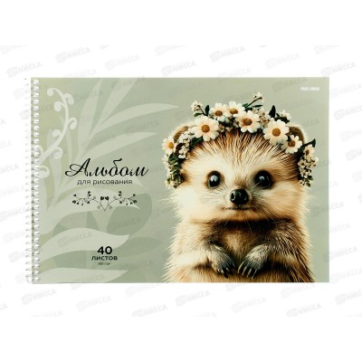 Альбом для рисования 40л ПП Милые животные - 4, 2диз, гребень, 40-5909  *20