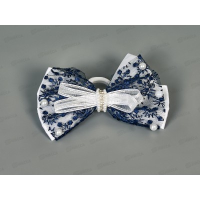 Бант гипюр, шелк бело-синий жемчуг стразы 14см №7887 Бант гипюр, шелк бело-синий жемчуг стразы 14см №7887