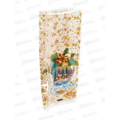 Пакет подарочный (16+2*4)*42/60 мкм Золотой бант прозрач. *50/500