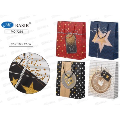 Пакет подароч. бумажный, 26*10*32см, Звезды,сердечки, асс.МС-7286 *20