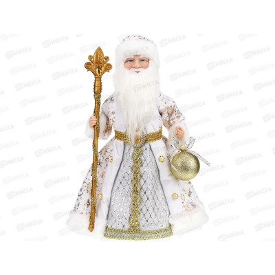 Дед Мороз в бело-золотой шубе, с мелодией, 40см Т-6015