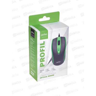 Мышь PERFEO оптическая PROFIL 4 кнопки, USB, черно-зеленая, PF_4929