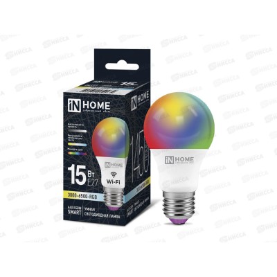 Лампа светодиодная IN HOME Smart A60 15Вт E27 RGB-3000-6500К 1450Лм Лампа светодиодная IN HOME Smart A60 15Вт E27 RGB-3000-6500К 1450Лм