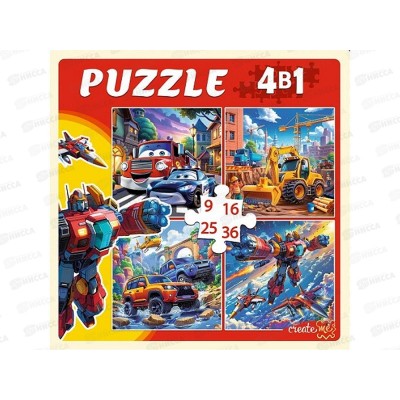 Пазлы 4 в 1. Машины и роботы (9,16,25,36 эл), П-7587 *20