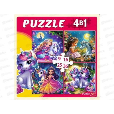 Пазлы 4 в 1. Принцессы и сказочные единороги (9,16,25,36 эл), П-7588 *20
