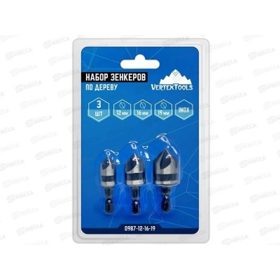 Набор зенкеров по дереву 3 предмета (12мм, 16мм, 19мм), 0987-12-16-19  *25/100
