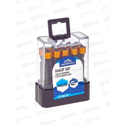 Набор Бит двухсторонних с ограничителем Ph2*65 Vertextools 10 предметов, БТ-PH2-65   *10 Набор Бит двухсторонних с ограничителем Ph2*65 Vertextools 10 предметов, БТ-PH2-65   *10