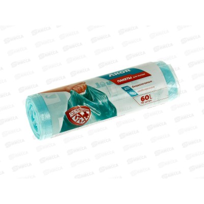 Пакеты для мусора "АНТИБАК+БИО"  60л 15шт, бирюзовый, 205-105 *65