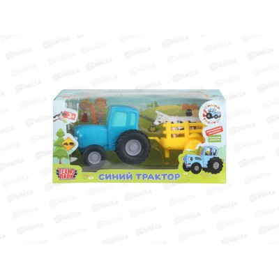 Машина &quotТЕХНОПАРК&quot металл Синий Трактор 11см, с телегой и коровой, инерц., в коробке