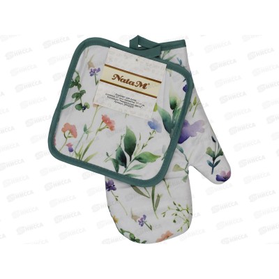 Набор для кухни: рукавица 27см и прихватка 17х17см "Акварельные цветы" полиэстер, 2РКS002