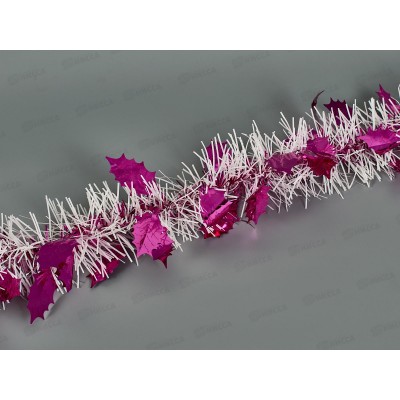 Мишура 002015 8см х 2м , AL-8018, белый с листьями фуксия  *360