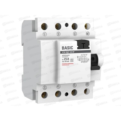 Устройство защитного отключения 4P 25А/30мА (электронное) Basic Устройство защитного отключения 4P 25А/30мА (электронное) Basic