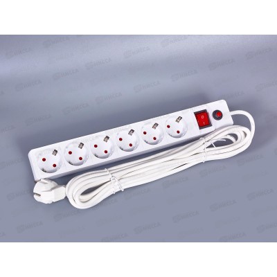 Сетевой фильтр UNIVersal ПВС 3*0,75 6 гнезд, 5м выключатель с индикатором с/з,з/щ бел