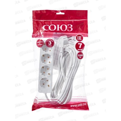 Удлинитель бытово СОЮЗ 2200ВТ 4гн. ПВС , с заземлением, 7м, 481S-9407