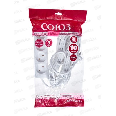 Удлинитель бытово СОЮЗ 2200ВТ 4гн. ПВС , без заземления, 10м, 481S-1410