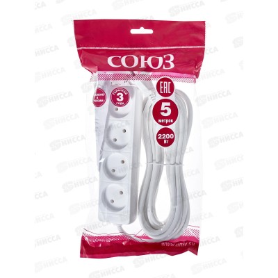 Удлинитель бытово СОЮЗ 2200ВТ 4 гнезда. ПВС , без заземления, 5м, 481S-1405