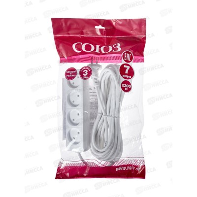 Удлинитель бытово СОЮЗ 2200ВТ 4гн. ПВС , без заземления, 7м, 481S-1407