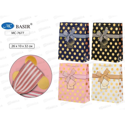Пакет подароч. бумажный, 26*10*32см, БАНТ ГОРОХ, асс.МС-7677 *20