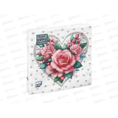 Салфетки 3-х слойные 20 листов 33*33 Bouquet Home Серебряное сердце с розами,25308*12