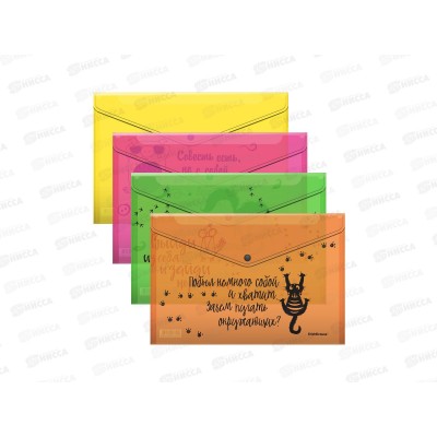 Папка-конверт пл. на кнопке EK Carcastic Animals 4шт,ассорти  55180 *1