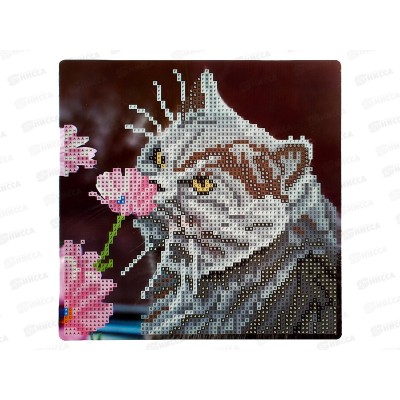 Алмаз. мозаика (класс.) 20х20см Серый кот с цветком НД-0891 на картоне Алмаз. мозаика (класс.) 20х20см Серый кот с цветком НД-0891 на картоне