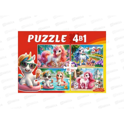 Пазлы 4 в 1. Яркие единороги (8,12,15,20 эл), П-3414 *12