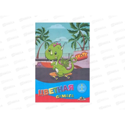 Цветная бум. 8л 8цв,Апплика Дино на скейте,С1551-14*60 Цветная бум. 8л 8цв,Апплика Дино на скейте,С1551-14*60