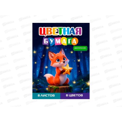 Цветная бумага  8л 8цв ПП А4 Лисёнок-1, двусторон., 08-1612  *50