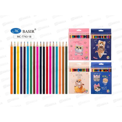 Карандаши 18цв. BASIR &quotКошки&quot цв.корпус, вент. MC-7743-18*12/240