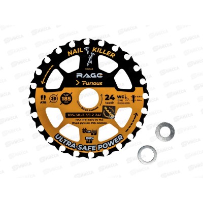 Диск пильный NAIL KILLER 185мм (7 1/4&quot) Z24 посадка 30+20+16 RAGE Furious, 594348 *5/50