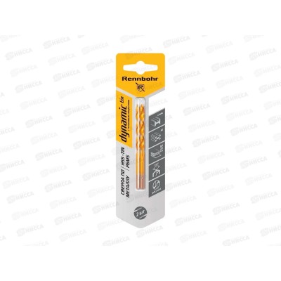 Сверло по металлу 4,0х75мм, HSS-TIN, Р6М5, 2шт, RENNBOHR DYNAMIC-TIN CARD